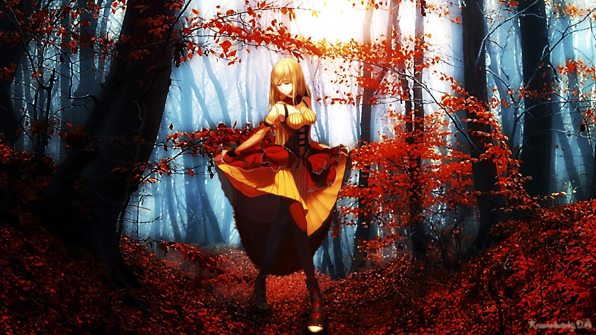 Anime girl in a red and yellow dress in a fall forest HD Wallpaper