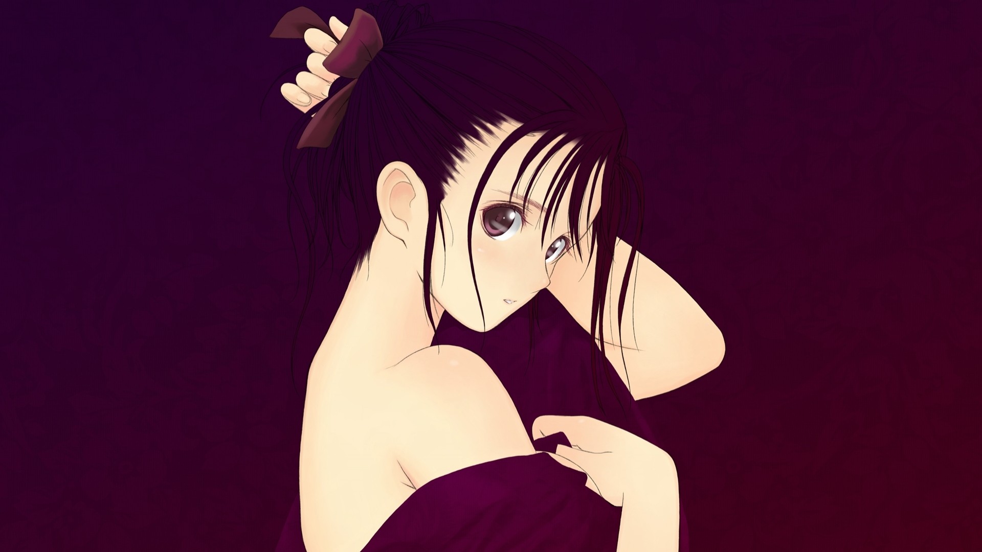 Anime girl with dark hair and purple ribbon HD Wallpaper