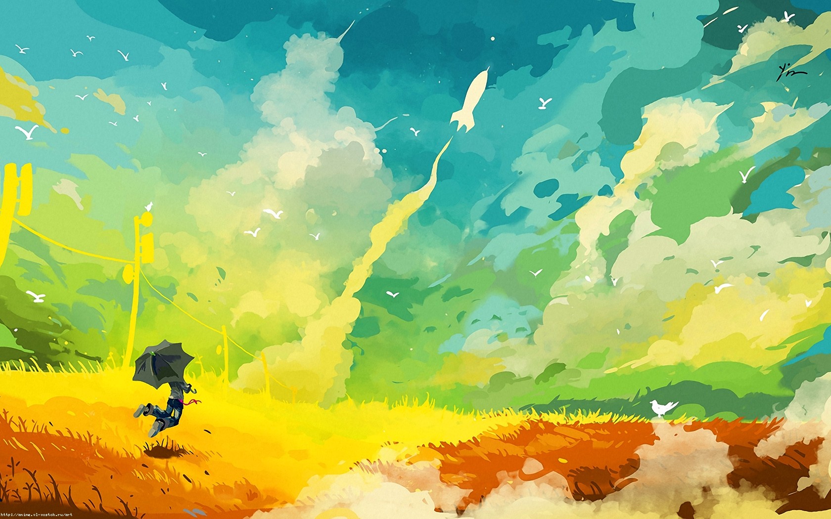 A person with an umbrella runs as a rocket launches HD Wallpaper