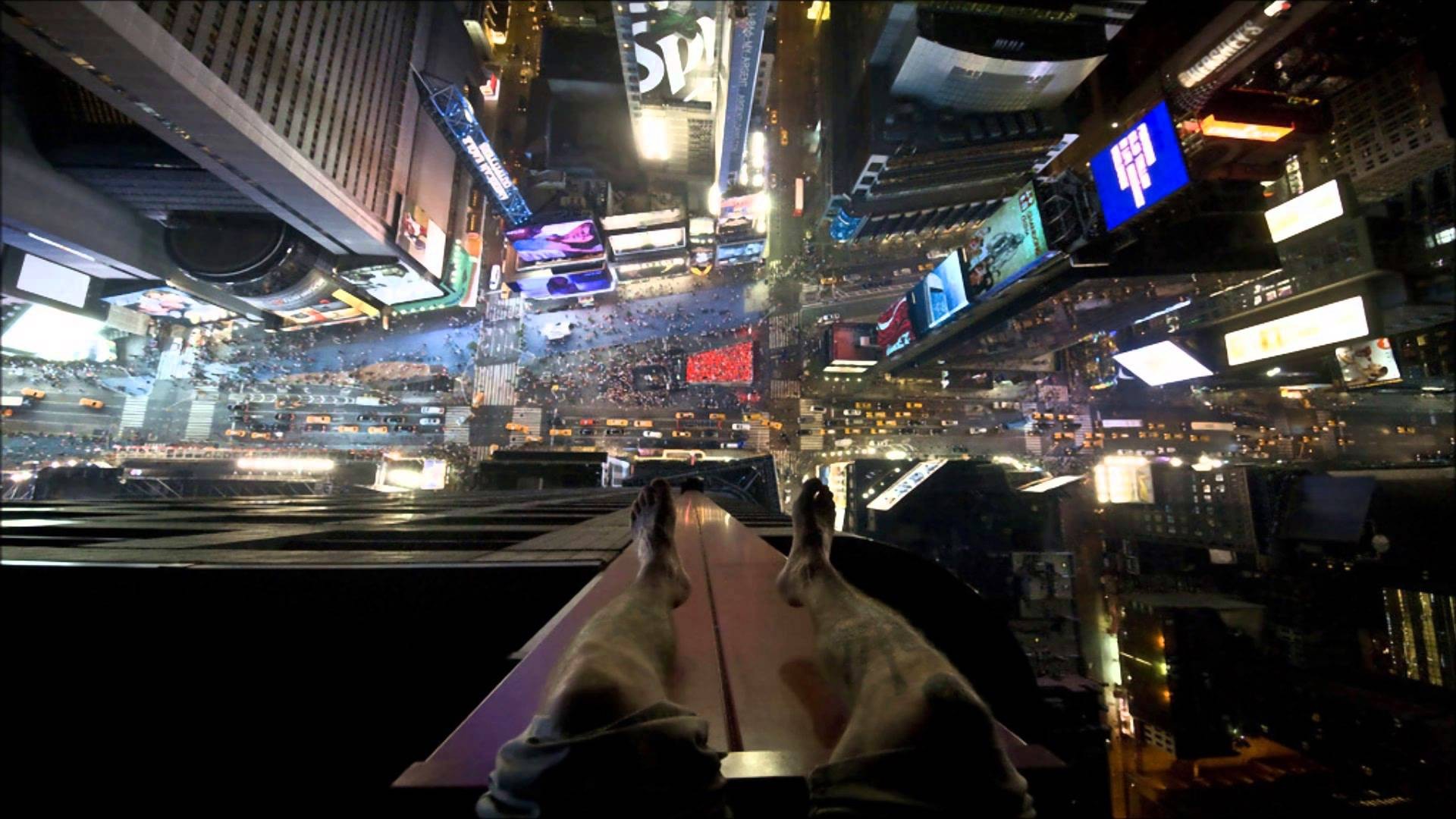 Point of view from extreme heights over Times Square at night HD Wallpaper
