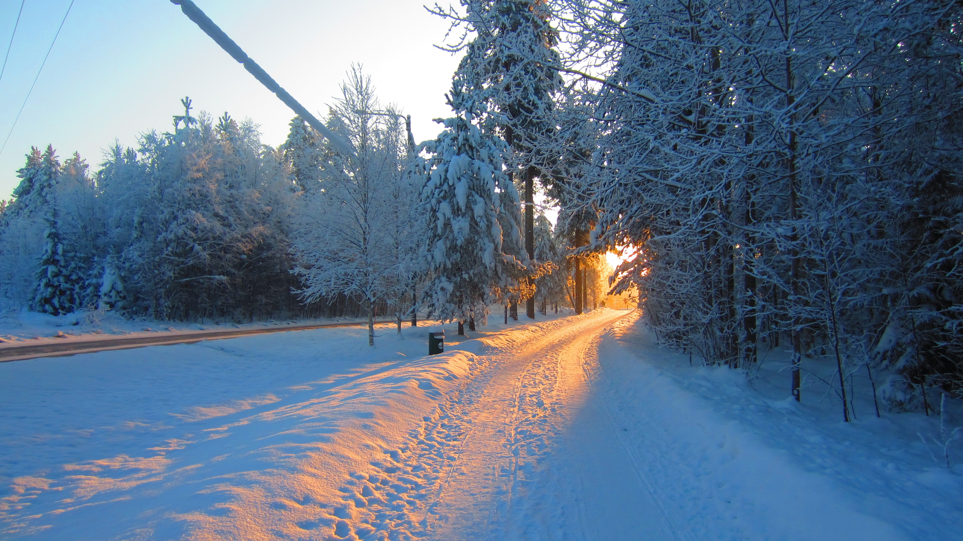 Winter road with snow and sunlight HD Wallpaper