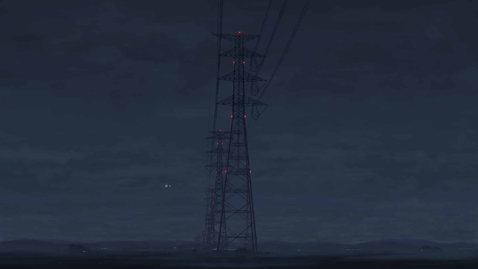Power lines at night with red lights HD Wallpaper