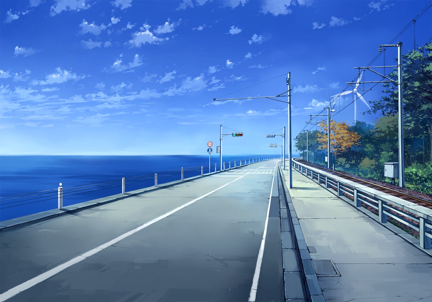 Anime landscape with sea, road, and train tracks HD Wallpaper