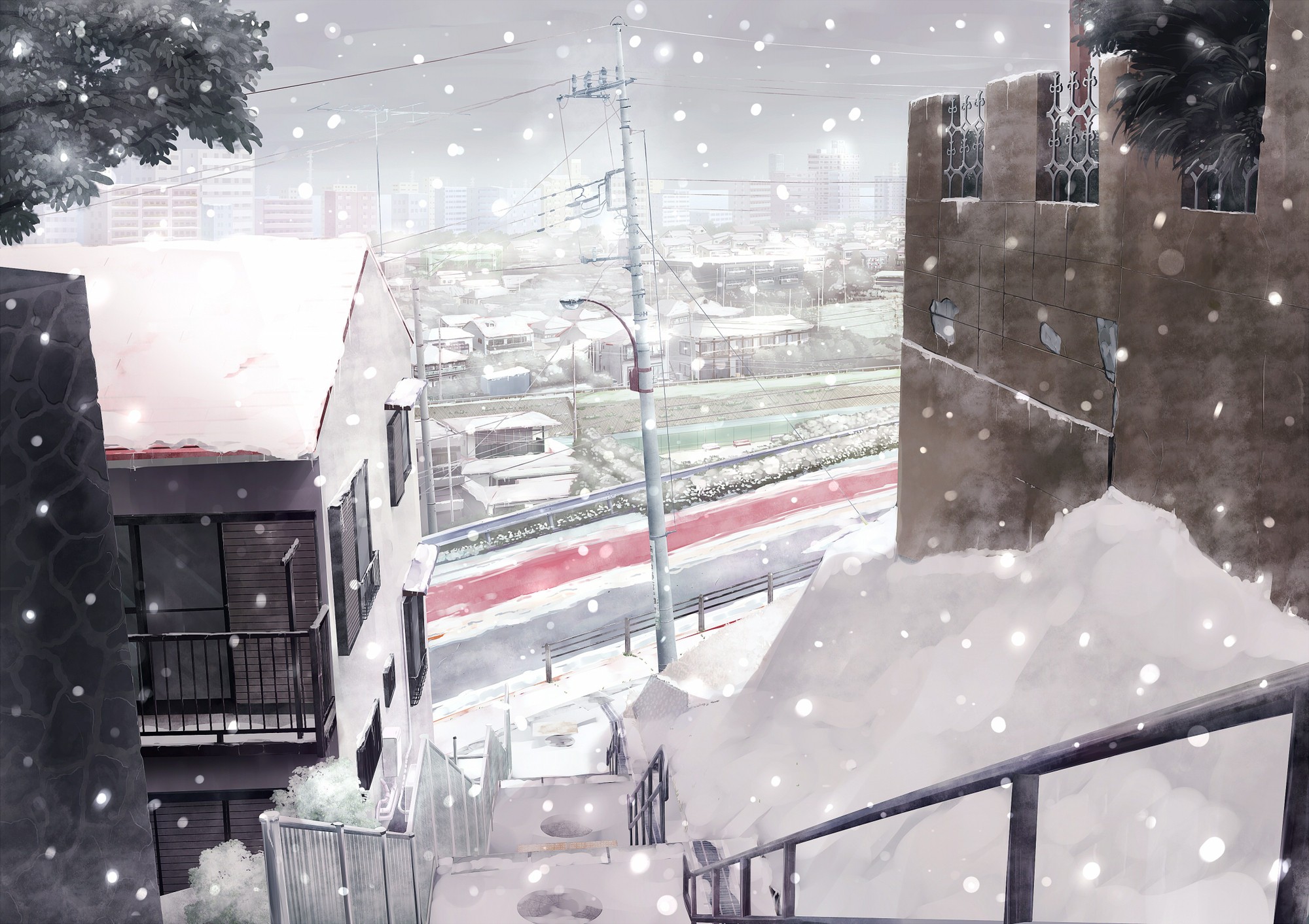 Anime cityscape with snow falling on buildings and stairs HD Wallpaper