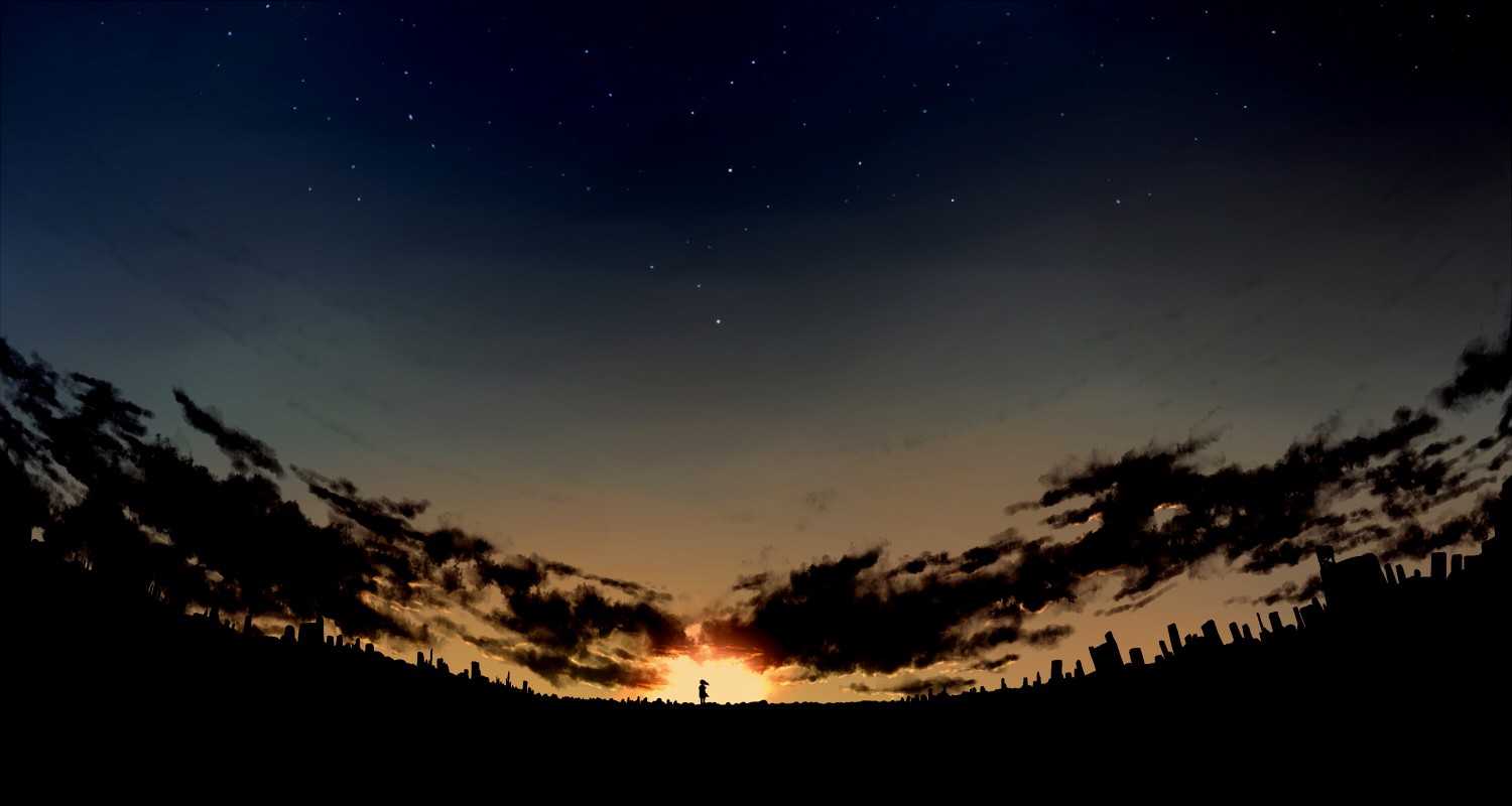 Anime city skyline at sunset with stars HD Wallpaper