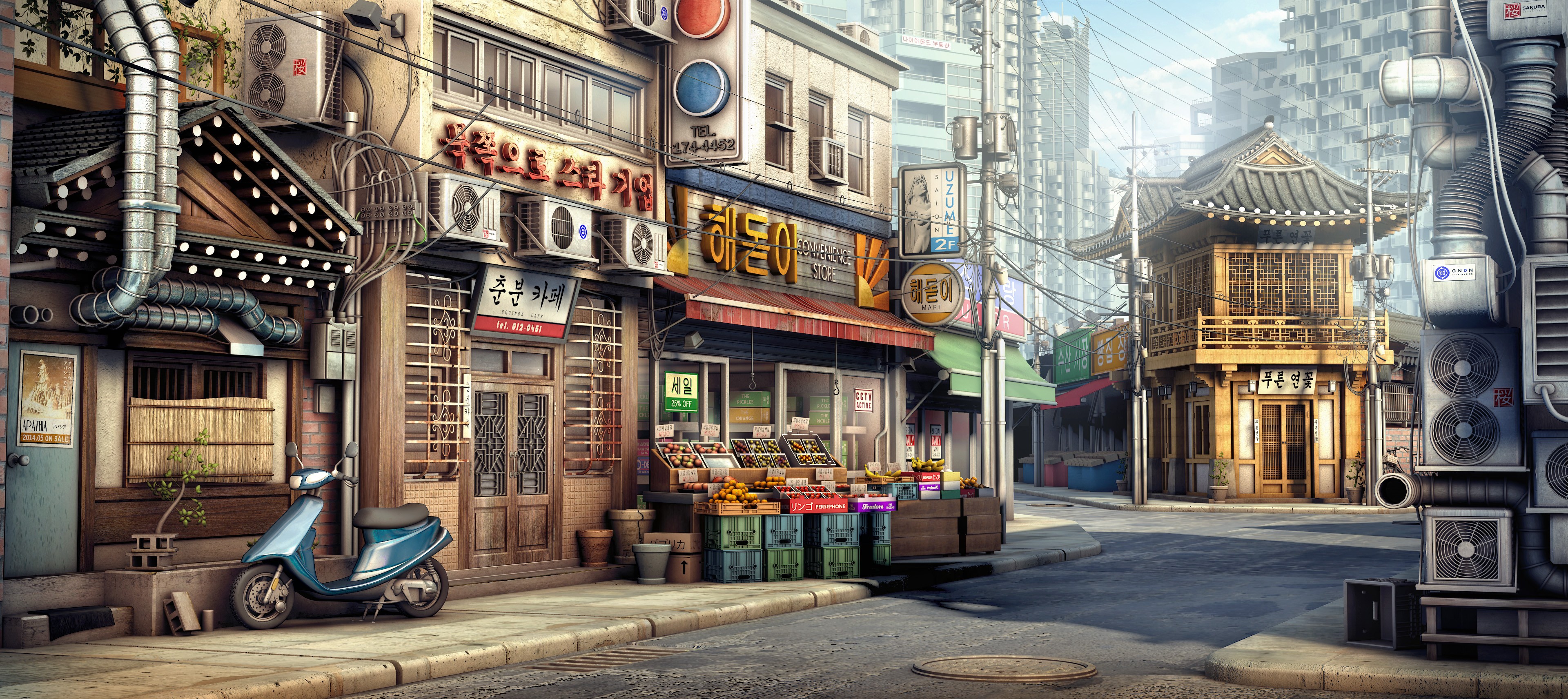 Korean street with traditional and modern buildings HD Wallpaper