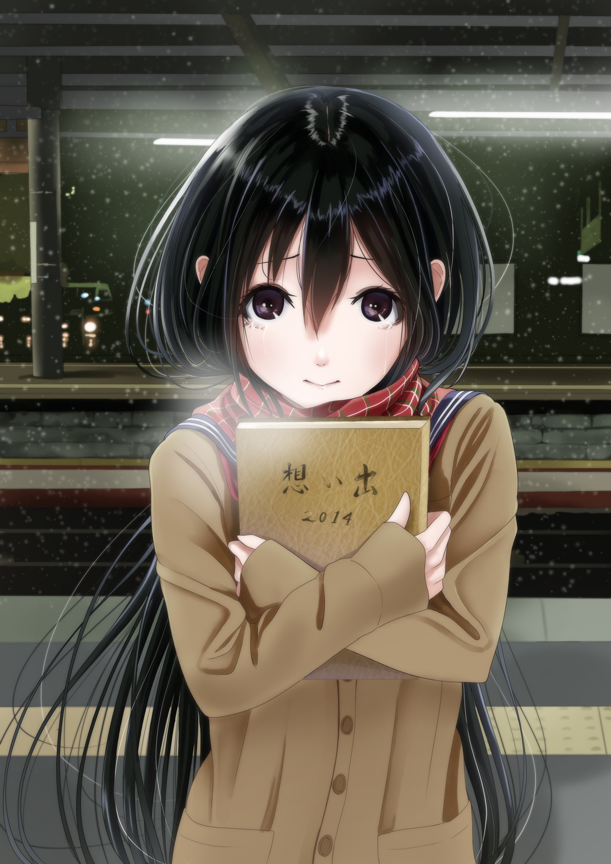 Anime girl holding a book at a train station HD Wallpaper
