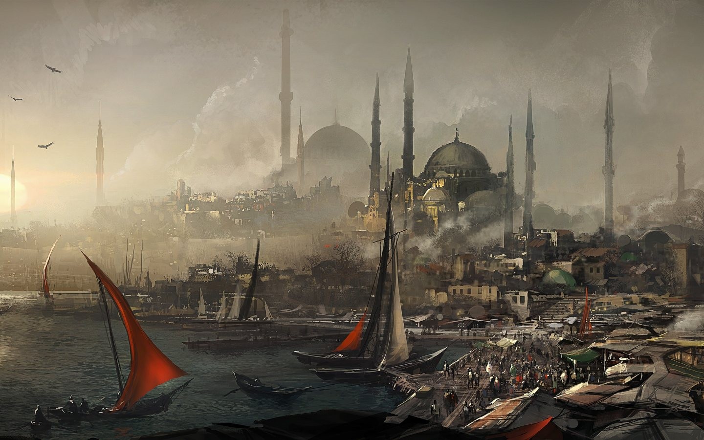 Artwork of a historic cityscape with mosques and boats HD Wallpaper