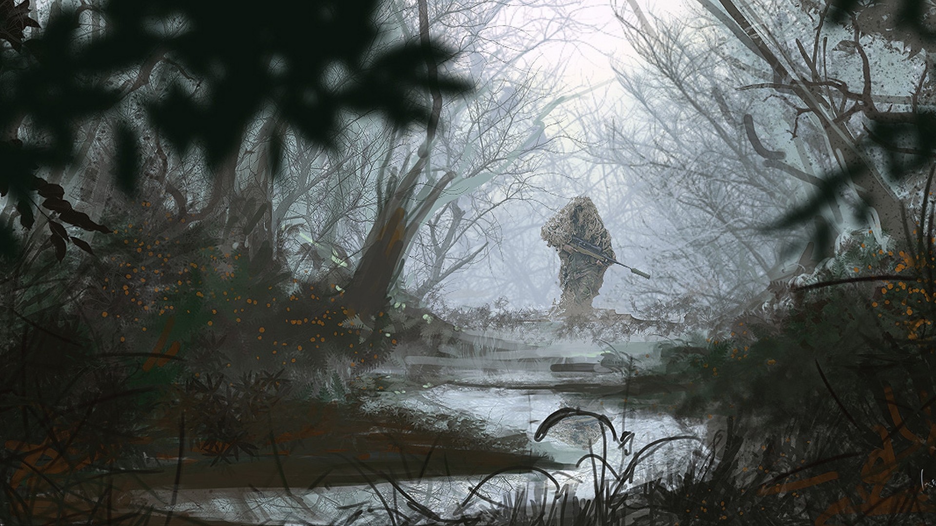 Soldier in ghillie suit with sniper rifle in foggy forest HD Wallpaper