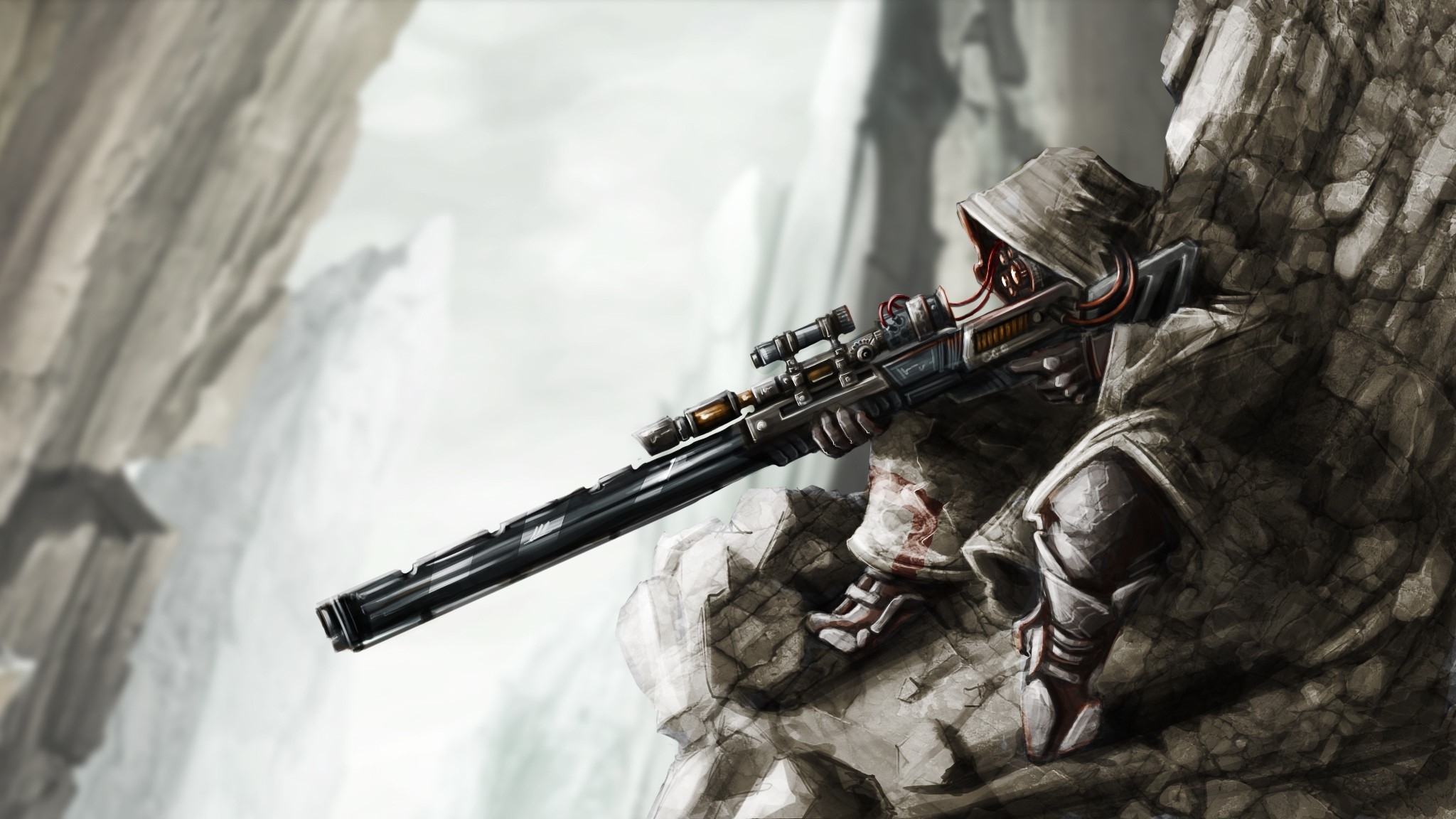 Sniper in camouflage with a rifle on rocks HD Wallpaper