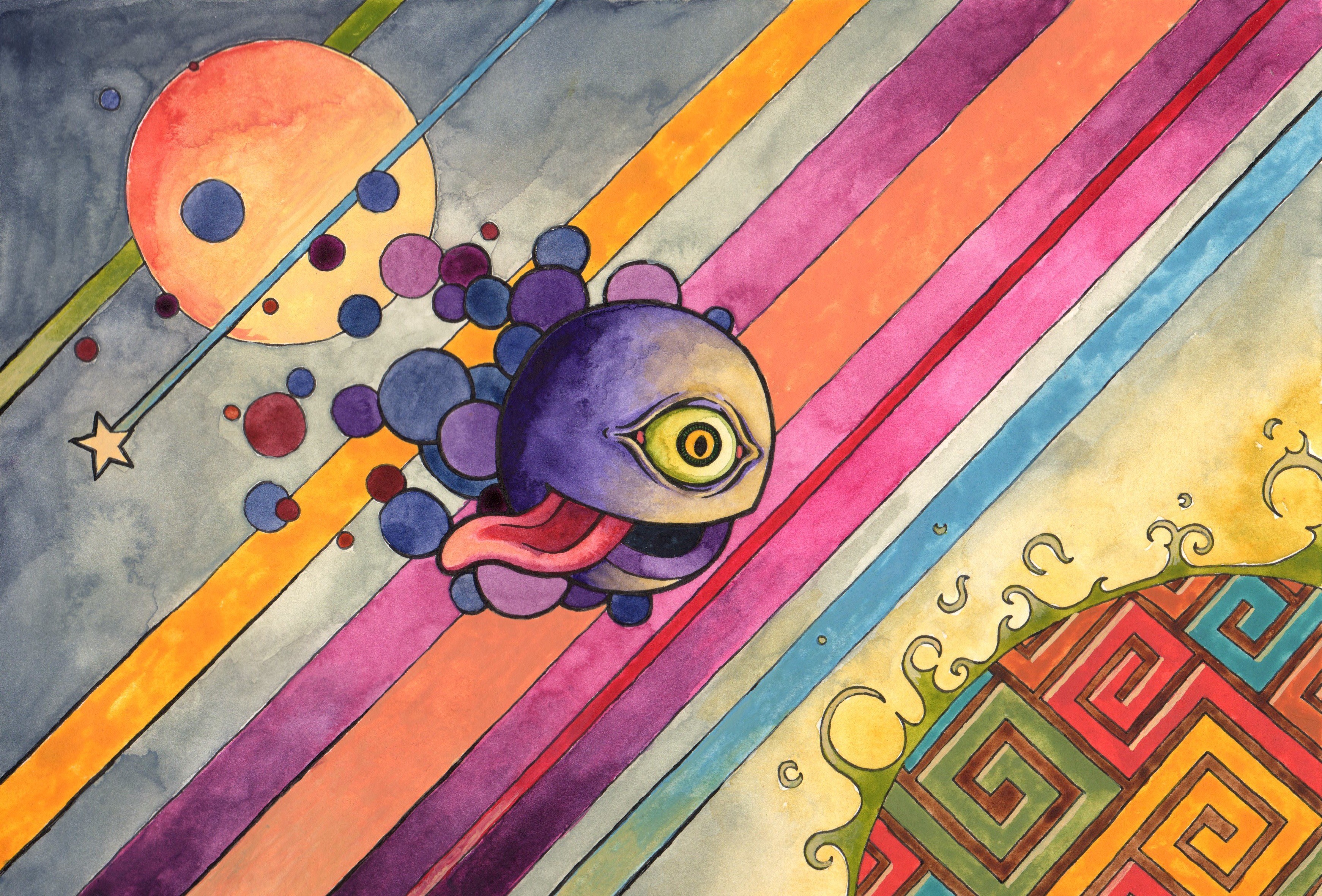 Psychedelic artwork with a surreal creature and colorful stripes HD Wallpaper