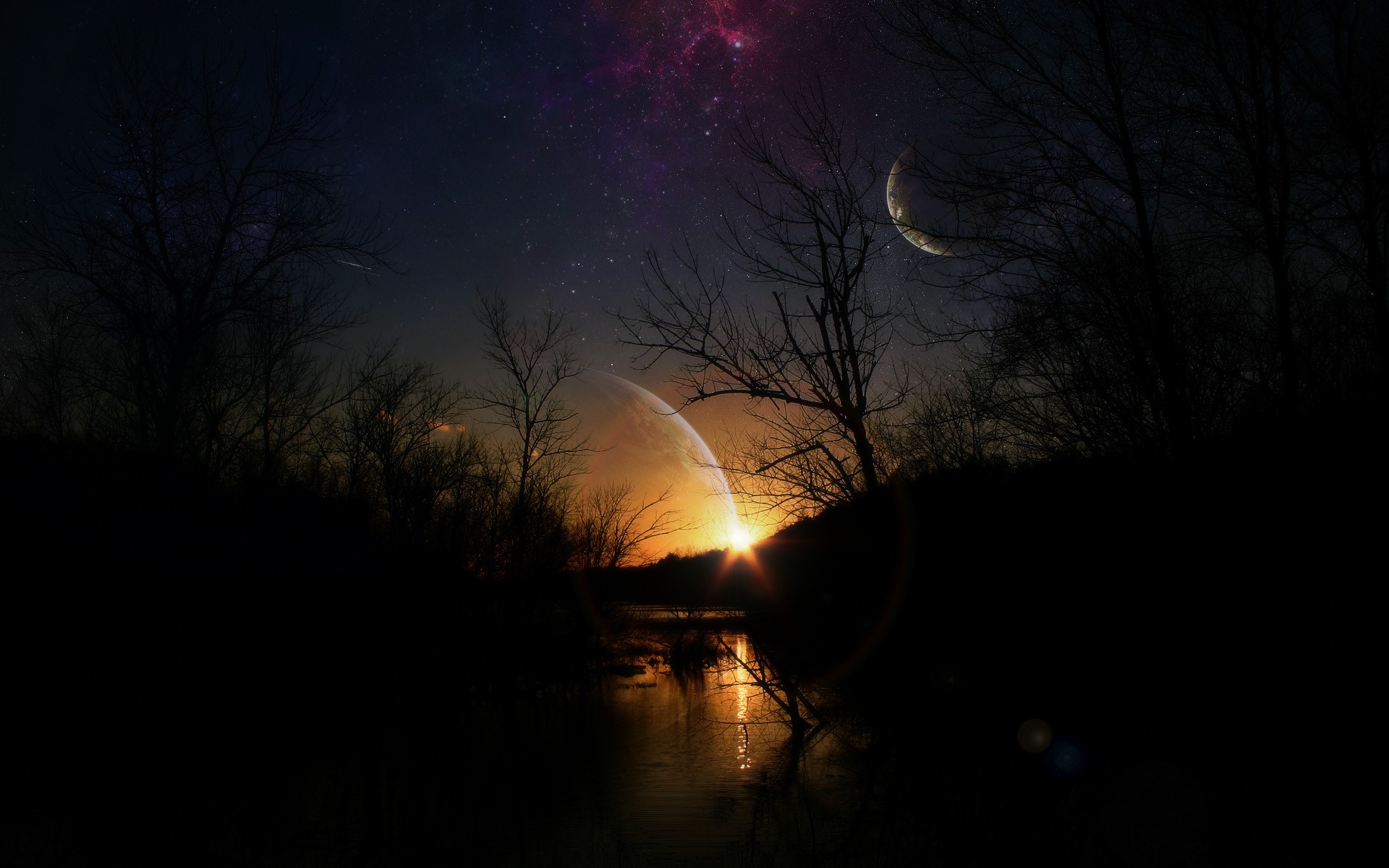 Digital art of a surreal night landscape with planets and stars HD Wallpaper