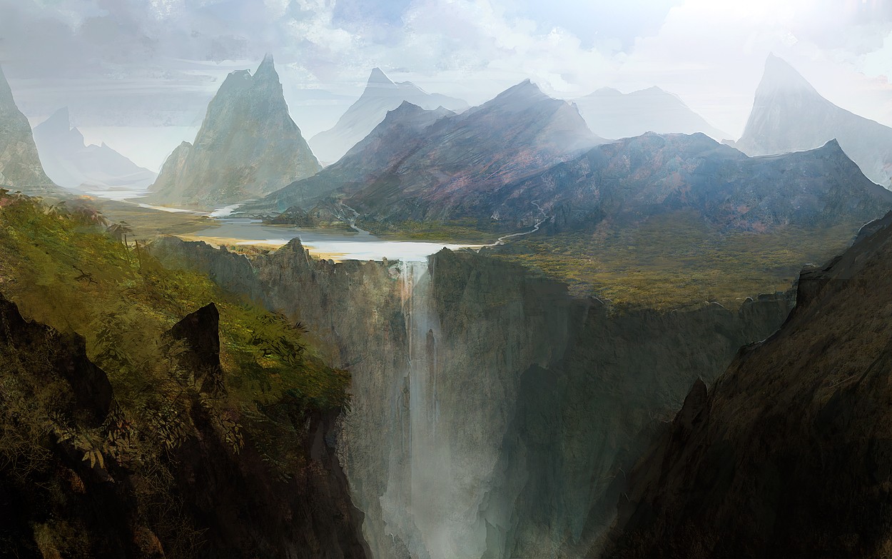 Concept art of a waterfall in a mountainous landscape HD Wallpaper