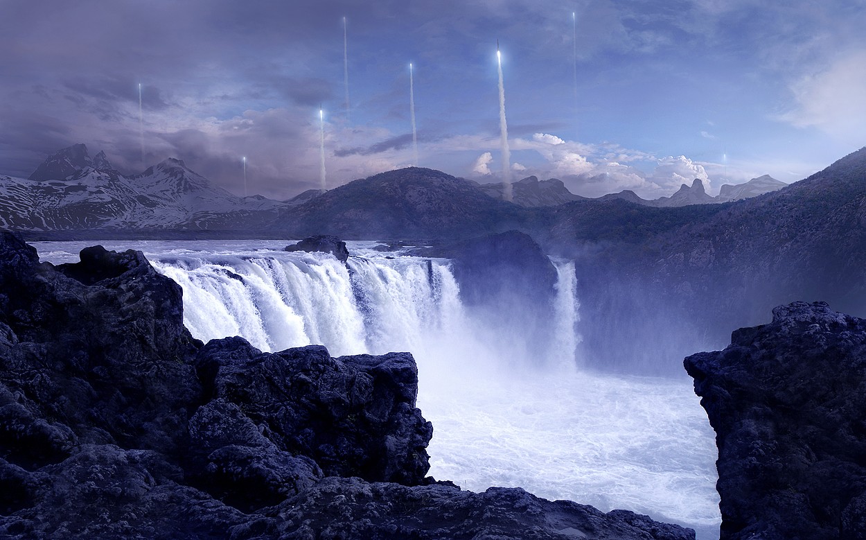 Futuristic landscape with waterfalls and rockets HD Wallpaper