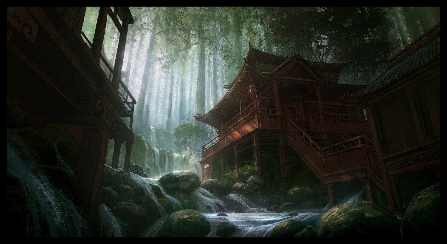 Fantasy art of a traditional Asian village by a river HD Wallpaper