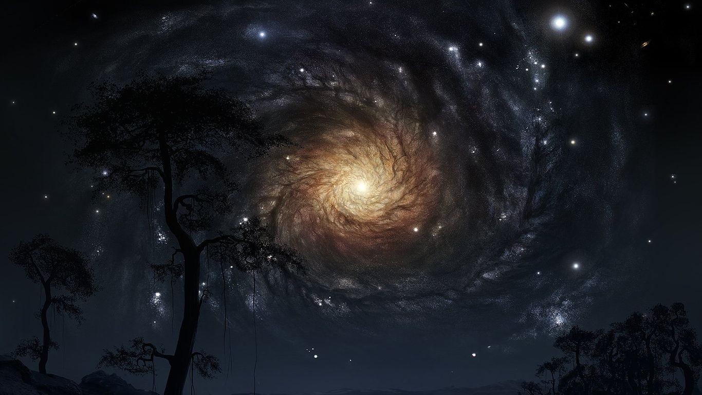 Spiral galaxy in the night sky with silhouetted trees HD Wallpaper