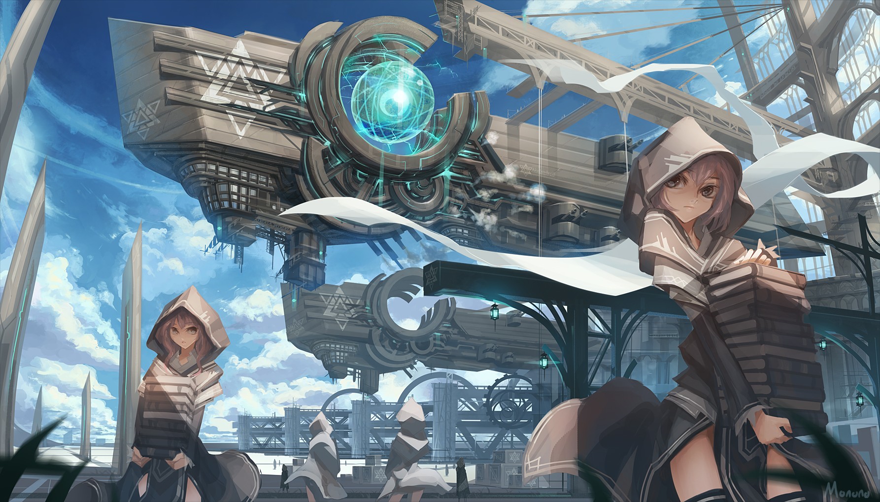 Anime girls with books in a futuristic cityscape HD Wallpaper