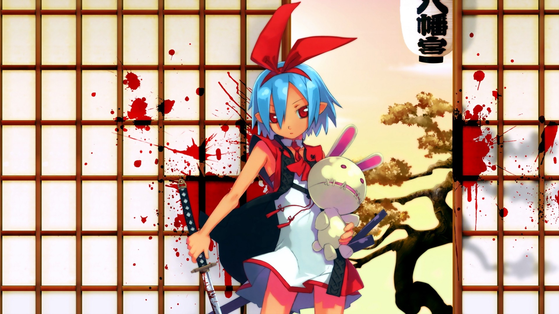 Anime girl with blue hair and bunny ears holding a sword HD Wallpaper