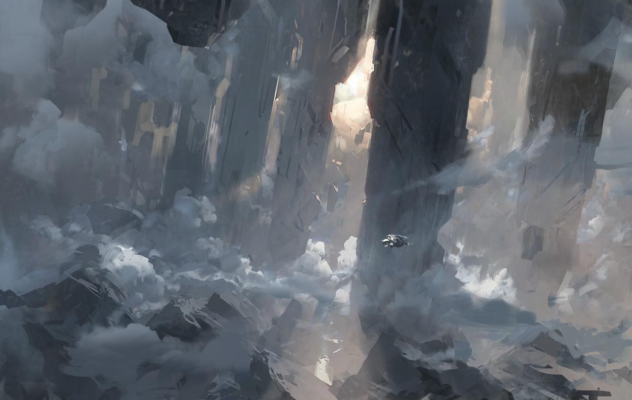 Halo concept art of a spaceship flying through canyons HD Wallpaper