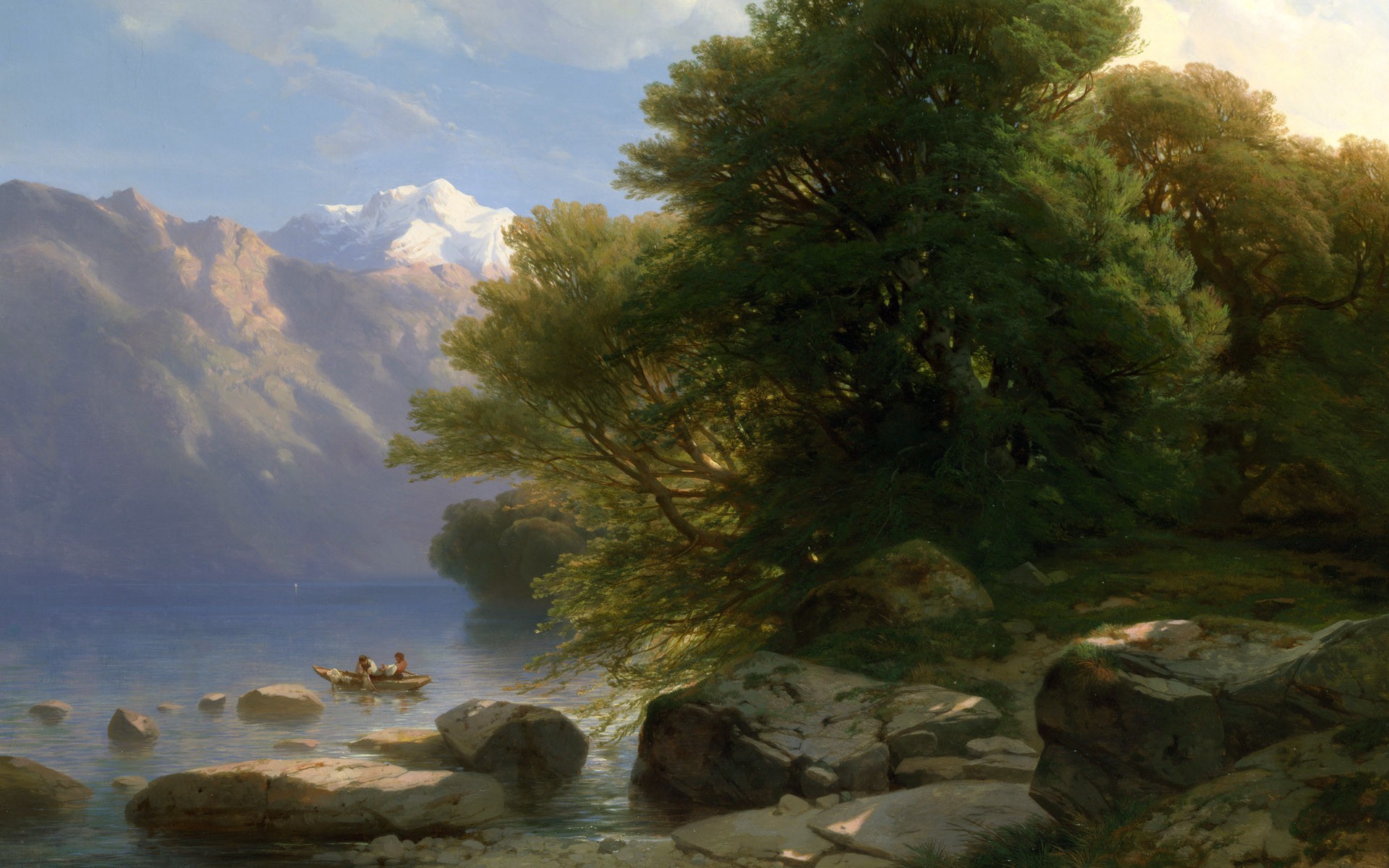 Alexandre Calame painting of a boat on a lake with mountains HD Wallpaper