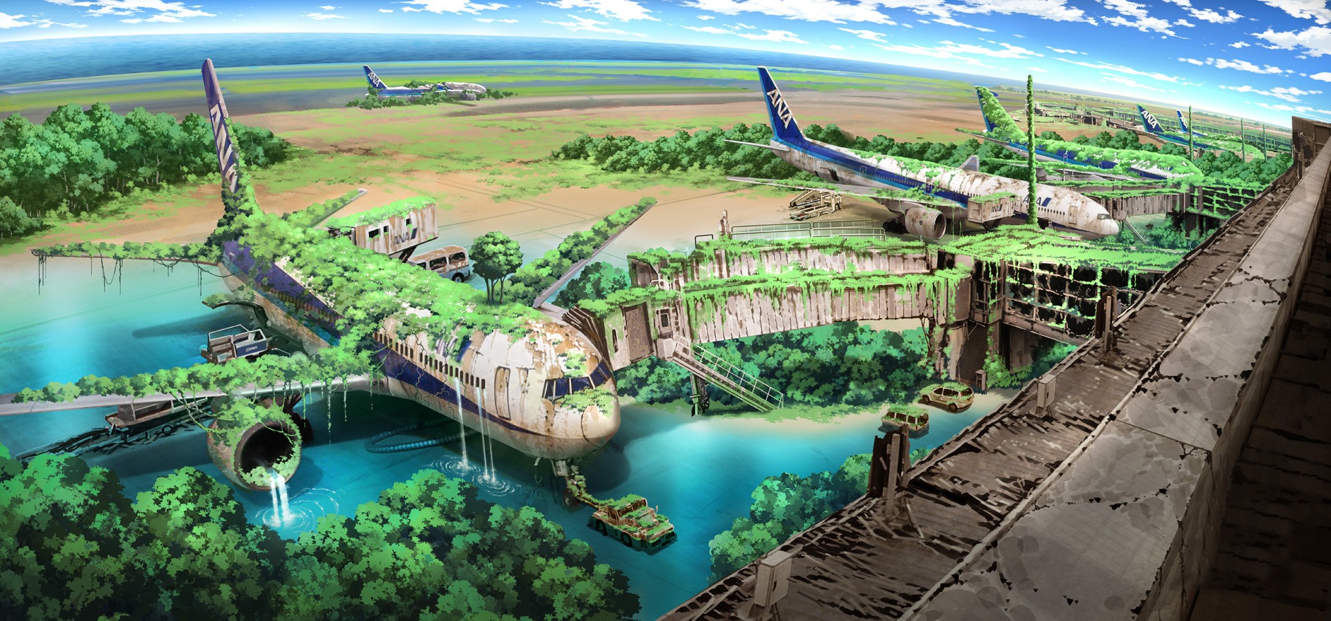 Abandoned aircraft overgrown with plants at an airport HD Wallpaper