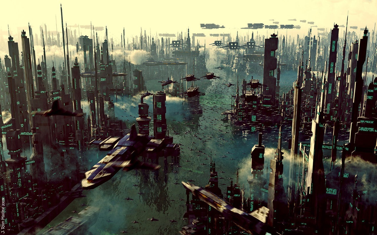 Futuristic city with flying vehicles and tall buildings HD Wallpaper