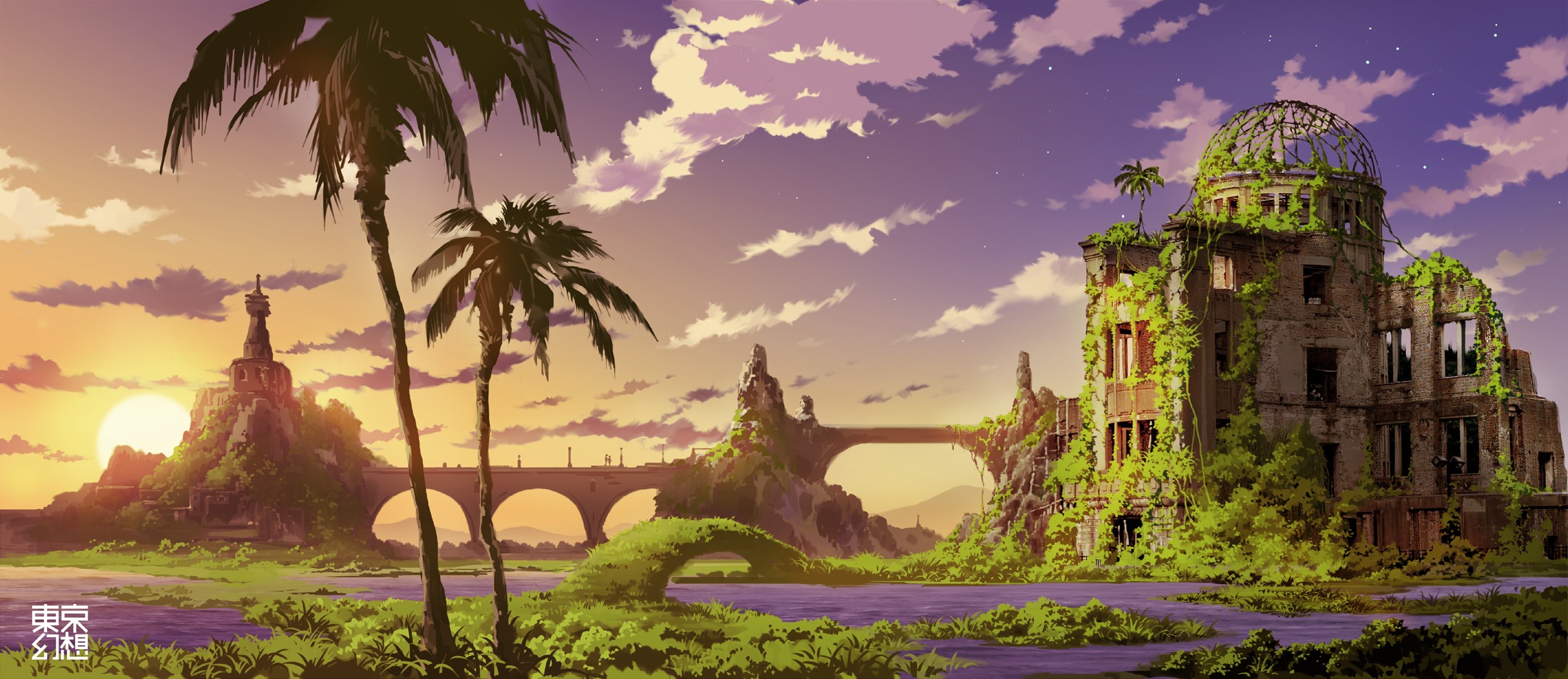 Anime landscape with ruined dome building and palm trees at sunset HD Wallpaper