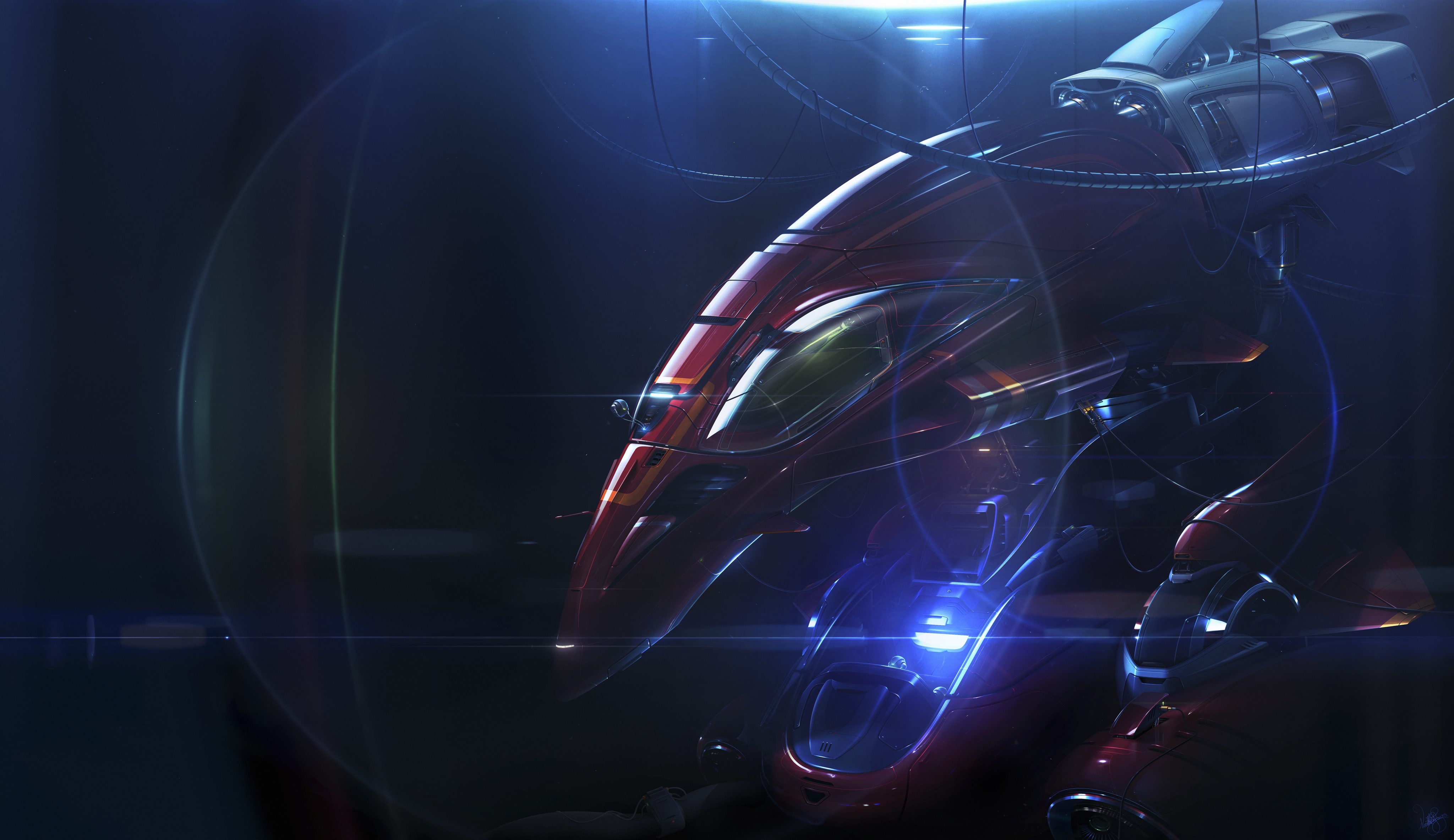 Red futuristic robot with blue lights and wires HD Wallpaper