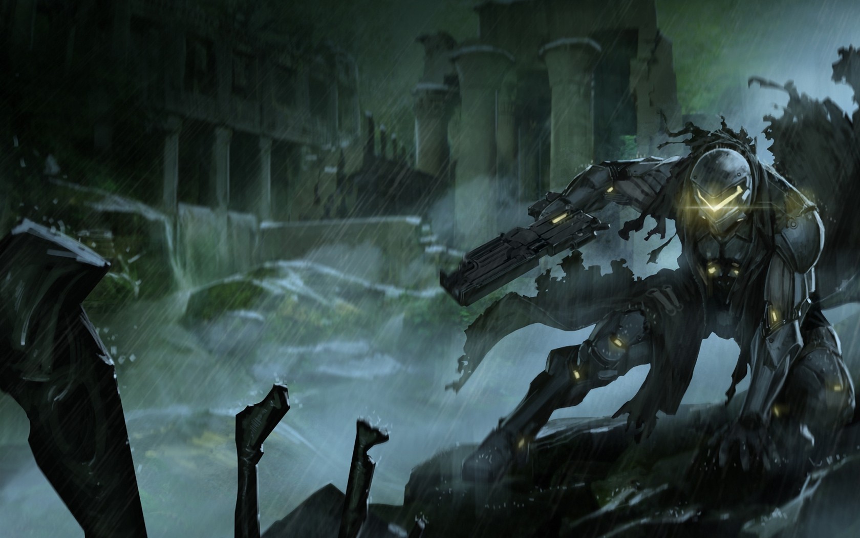 Cyborg with a gun in ruins HD Wallpaper