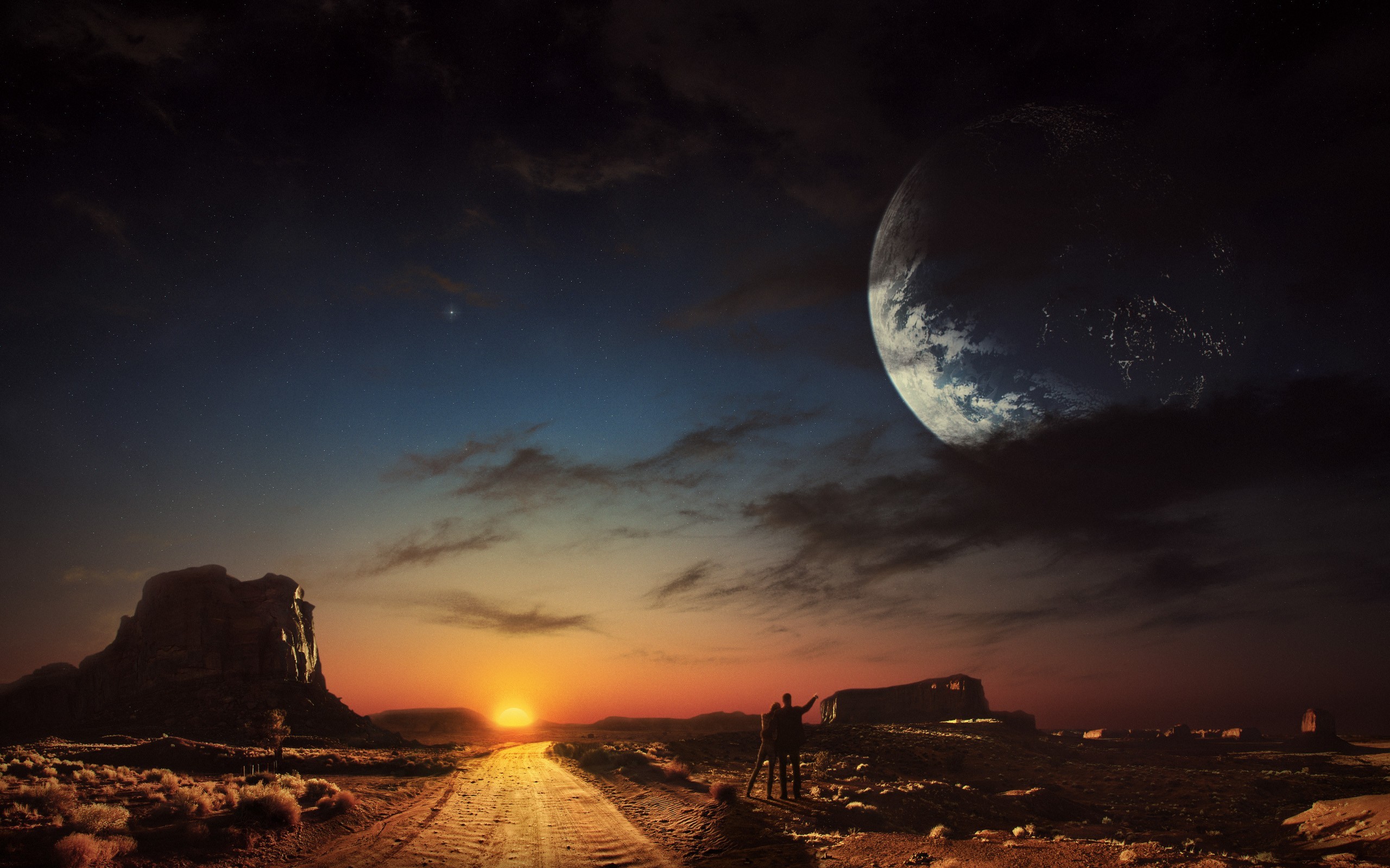 Digital art of a planet and desert landscape at sunset HD Wallpaper
