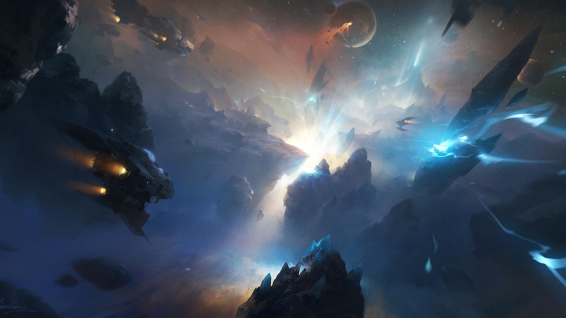 Spaceships navigate a rocky, nebula-filled expanse with bright light. HD Wallpaper
