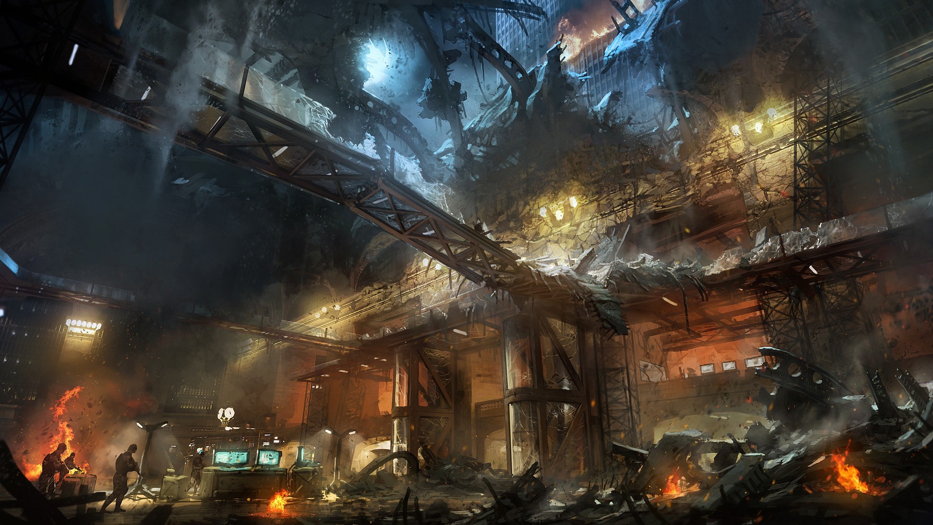 Marek Okon's artwork of a destroyed futuristic city interior HD Wallpaper