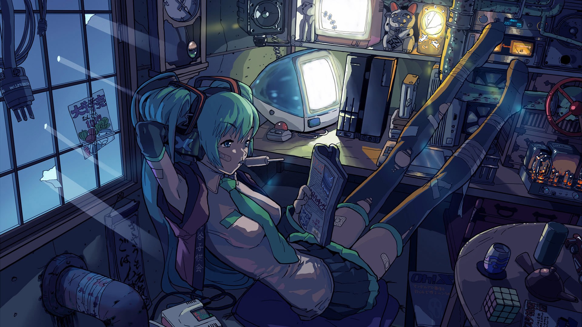 Hatsune Miku in a futuristic room with computers HD Wallpaper