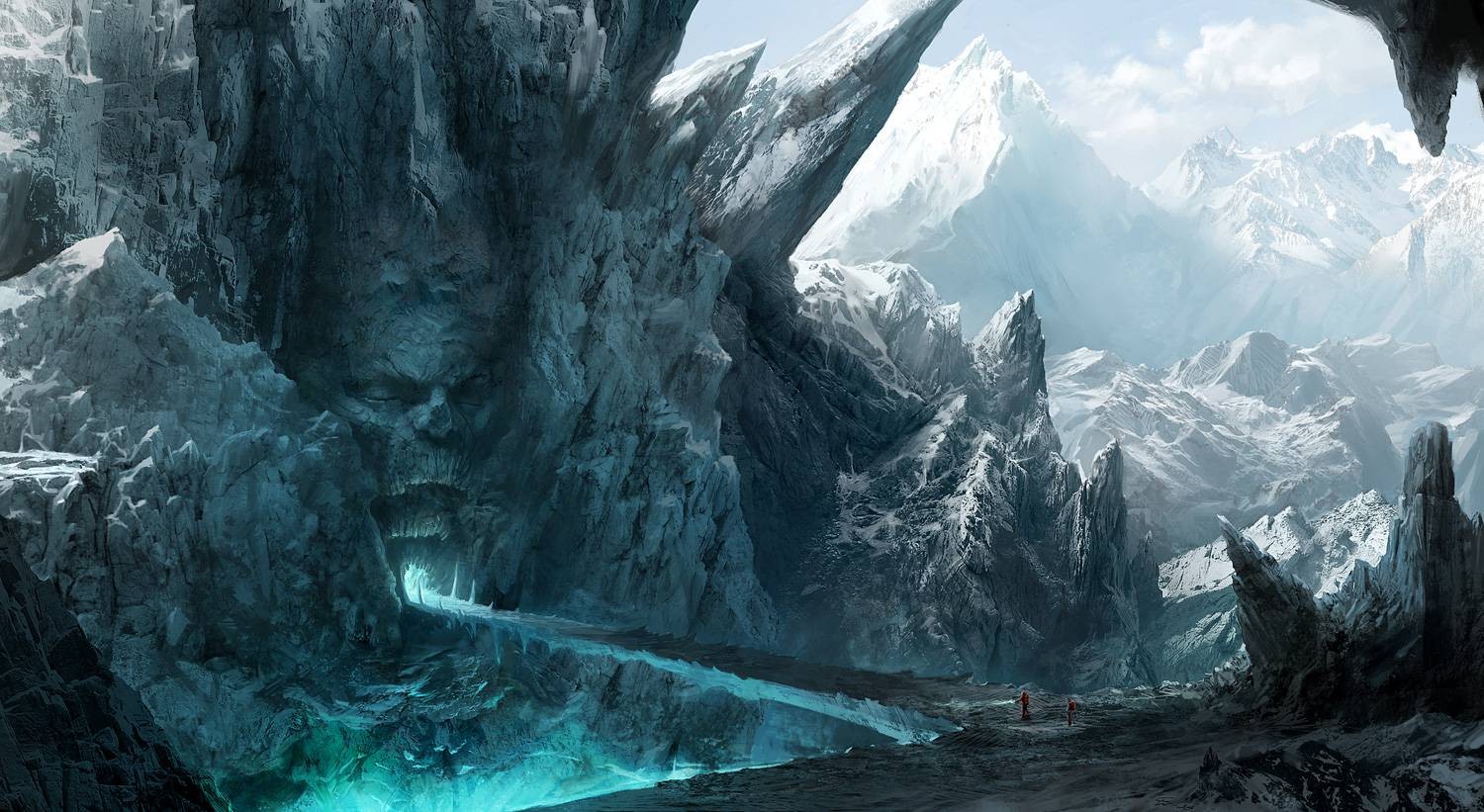 Fantasy ice cave with skull entrance and snowy mountains HD Wallpaper