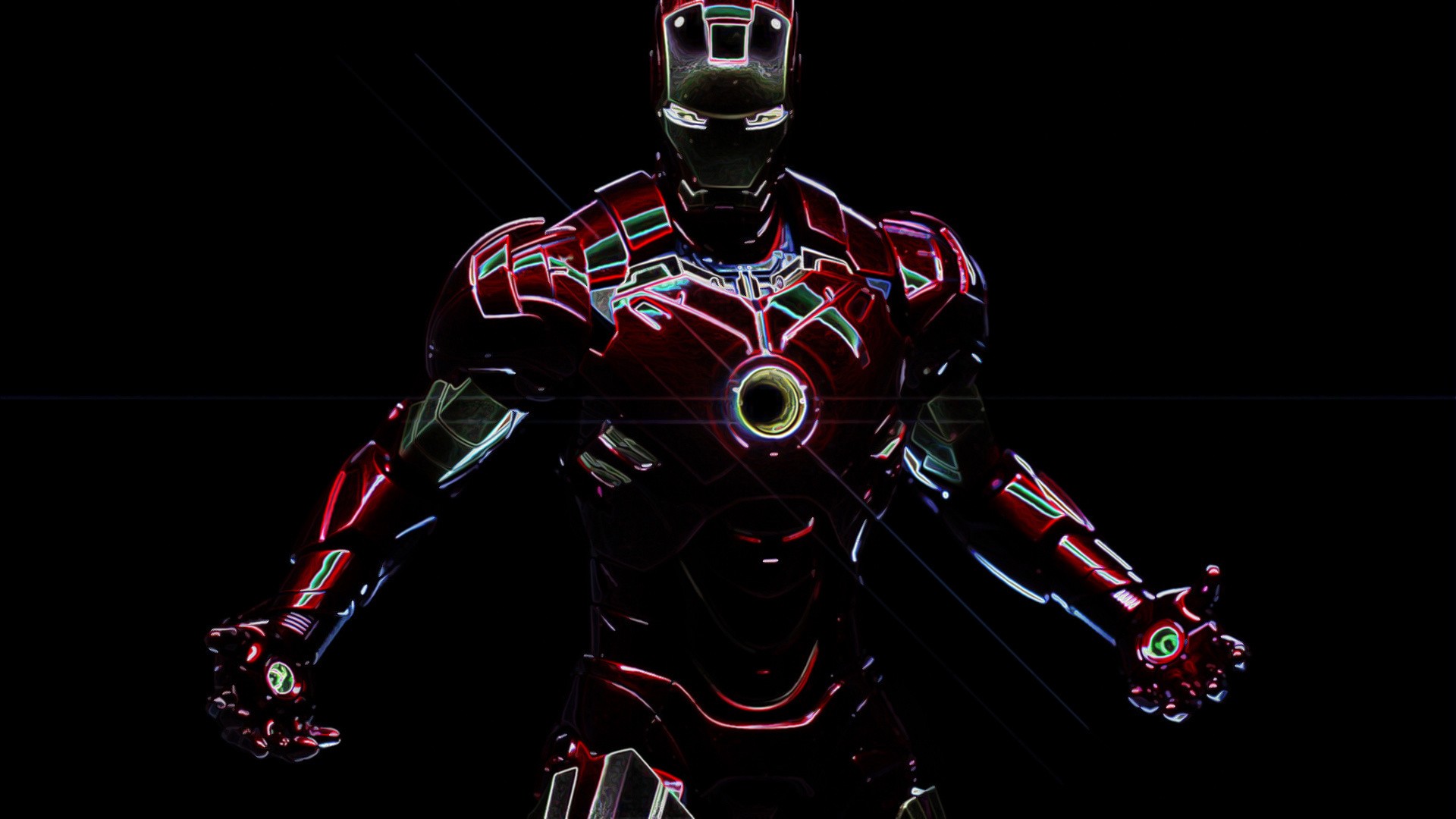 Iron Man suit with neon outlines on black background HD Wallpaper