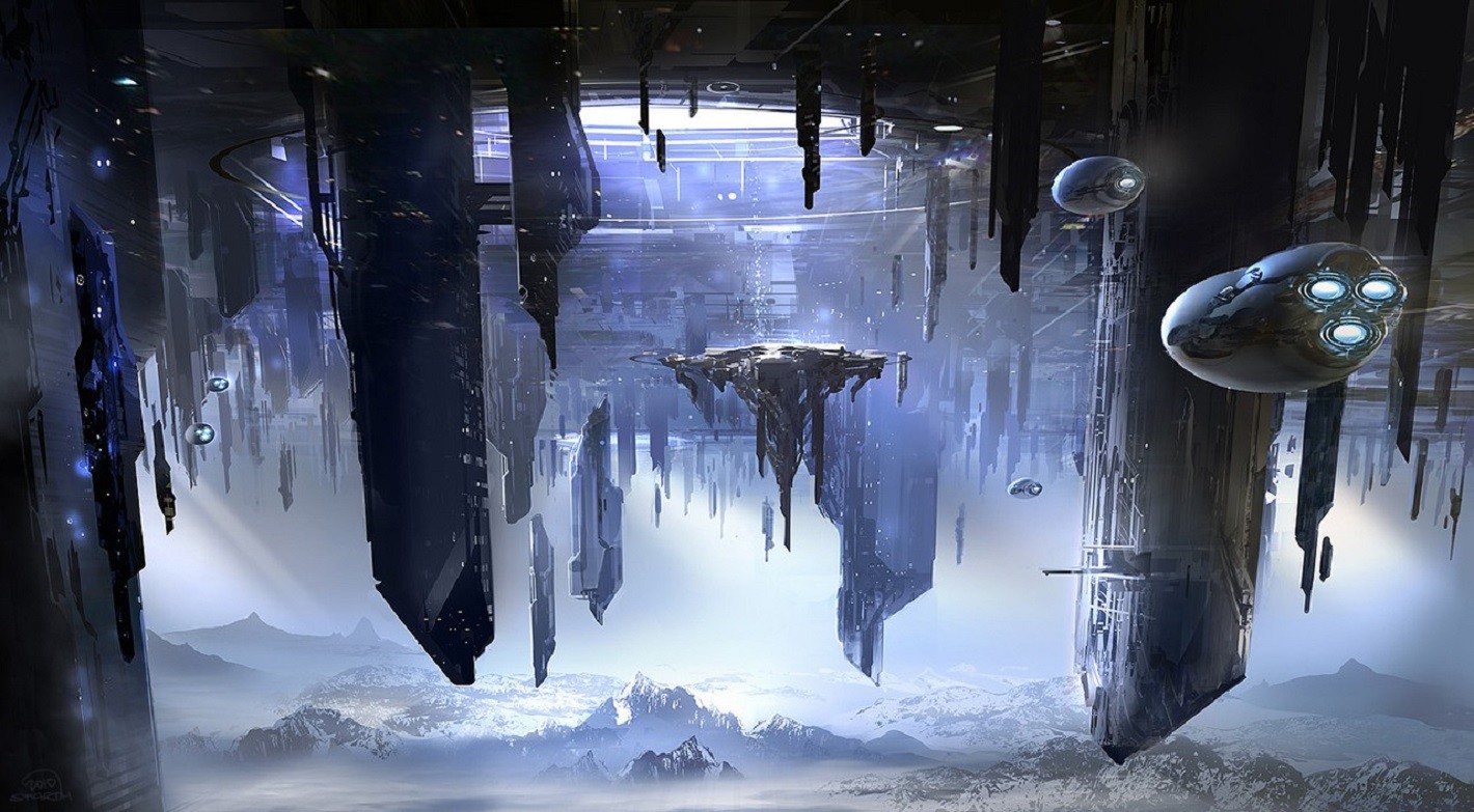 Science fiction city with floating structures and spaceships HD Wallpaper