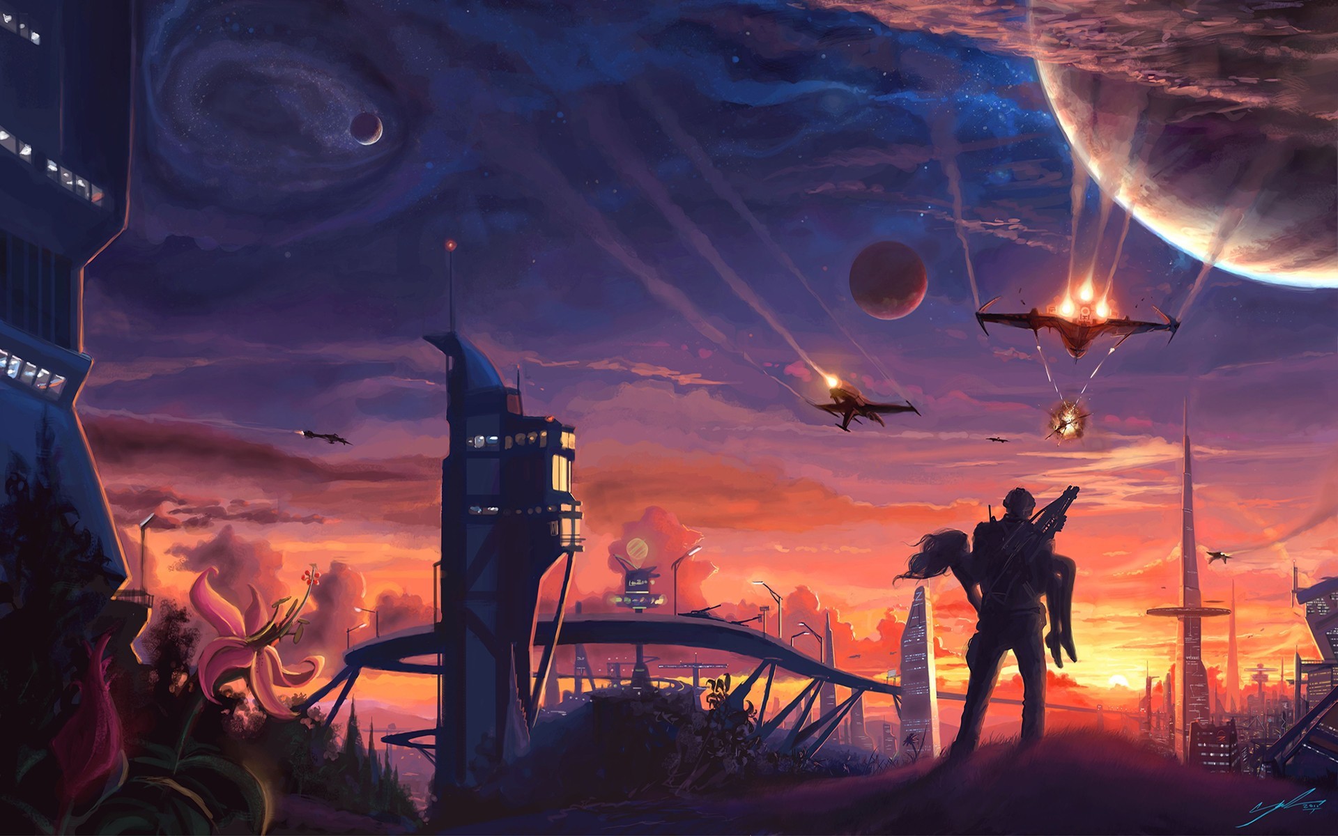 Sci-fi artwork of spaceships and futuristic city at sunset HD Wallpaper