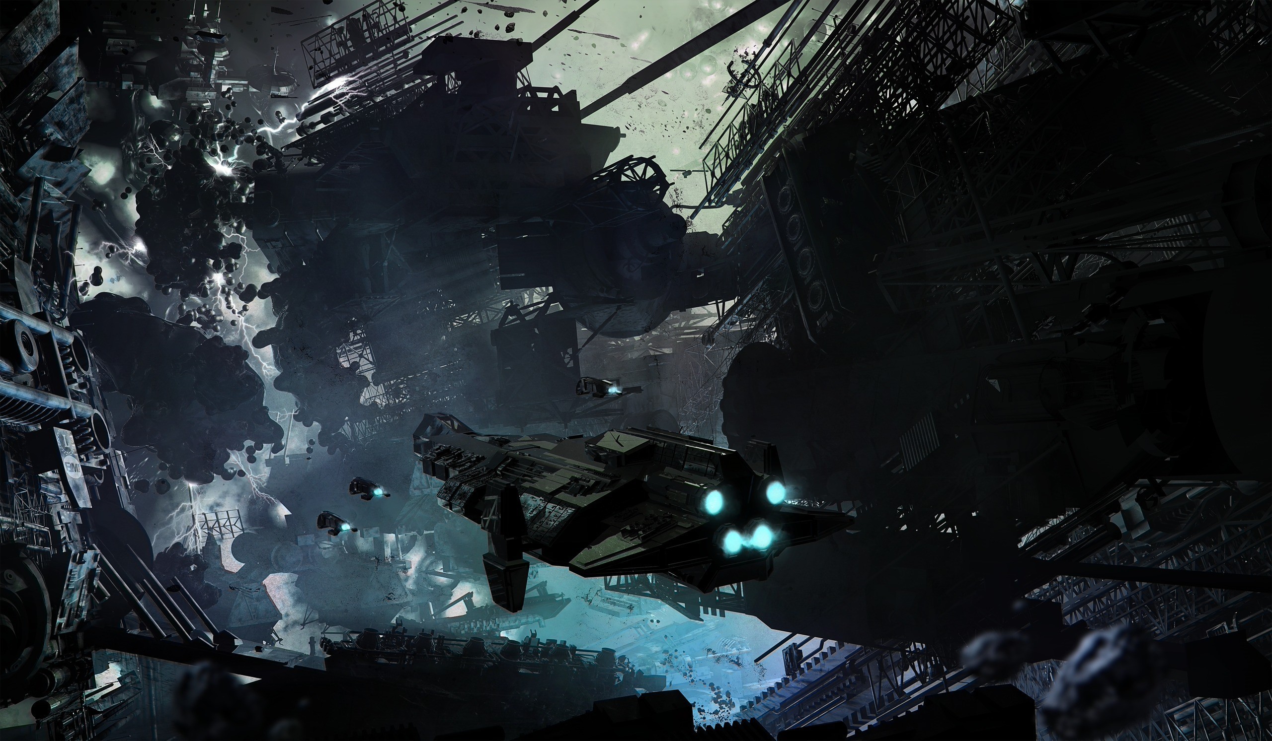 Spaceship navigating a debris field near a destroyed structure HD Wallpaper