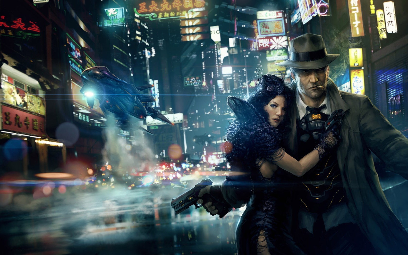 Cyberpunk couple in a futuristic city HD Wallpaper