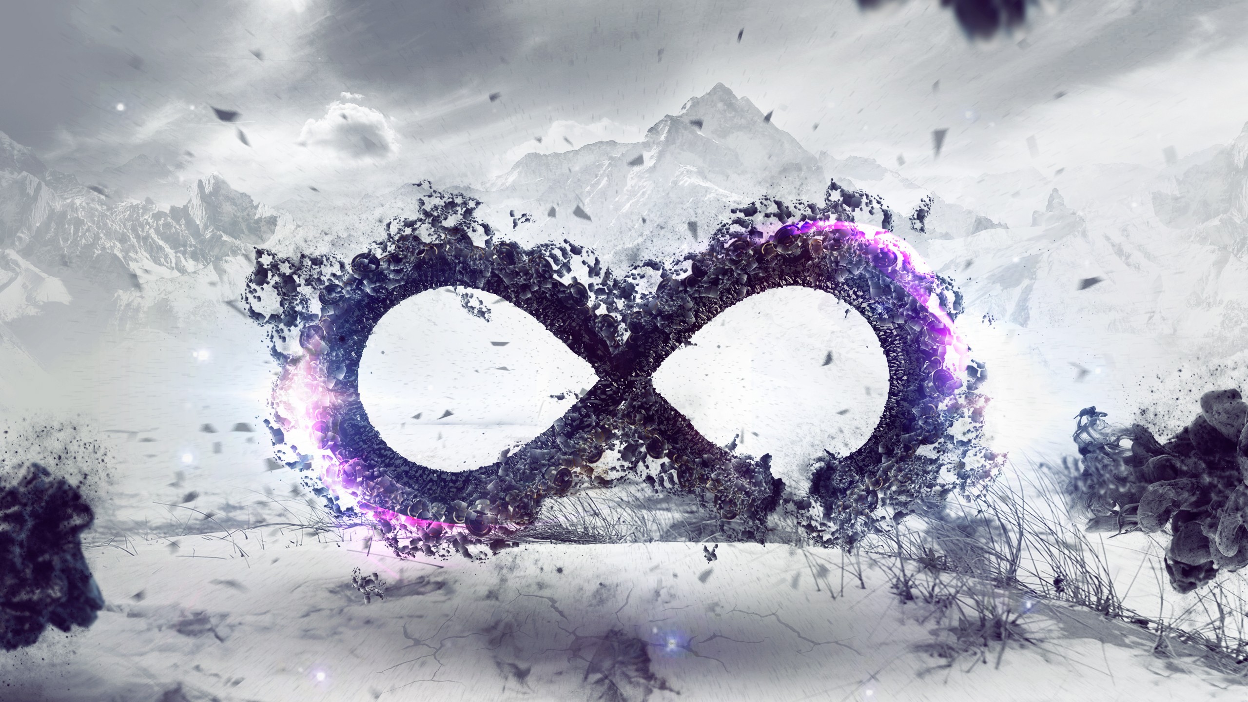 Shattered Infinity Symbol in a Snowy Mountain Landscape HD Wallpaper