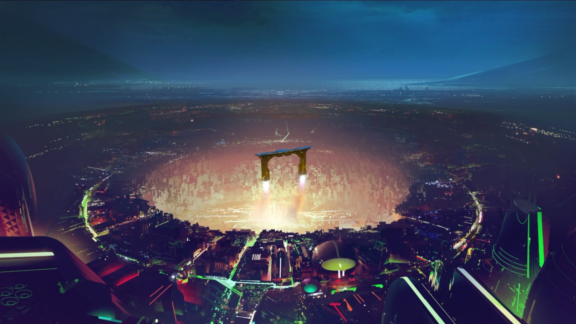 Futuristic city with a portal and rocket exhaust HD Wallpaper