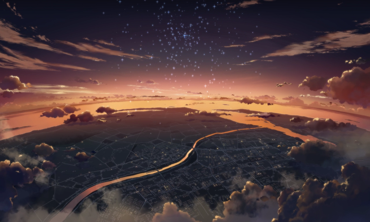 Anime cityscape at sunset with stars HD Wallpaper