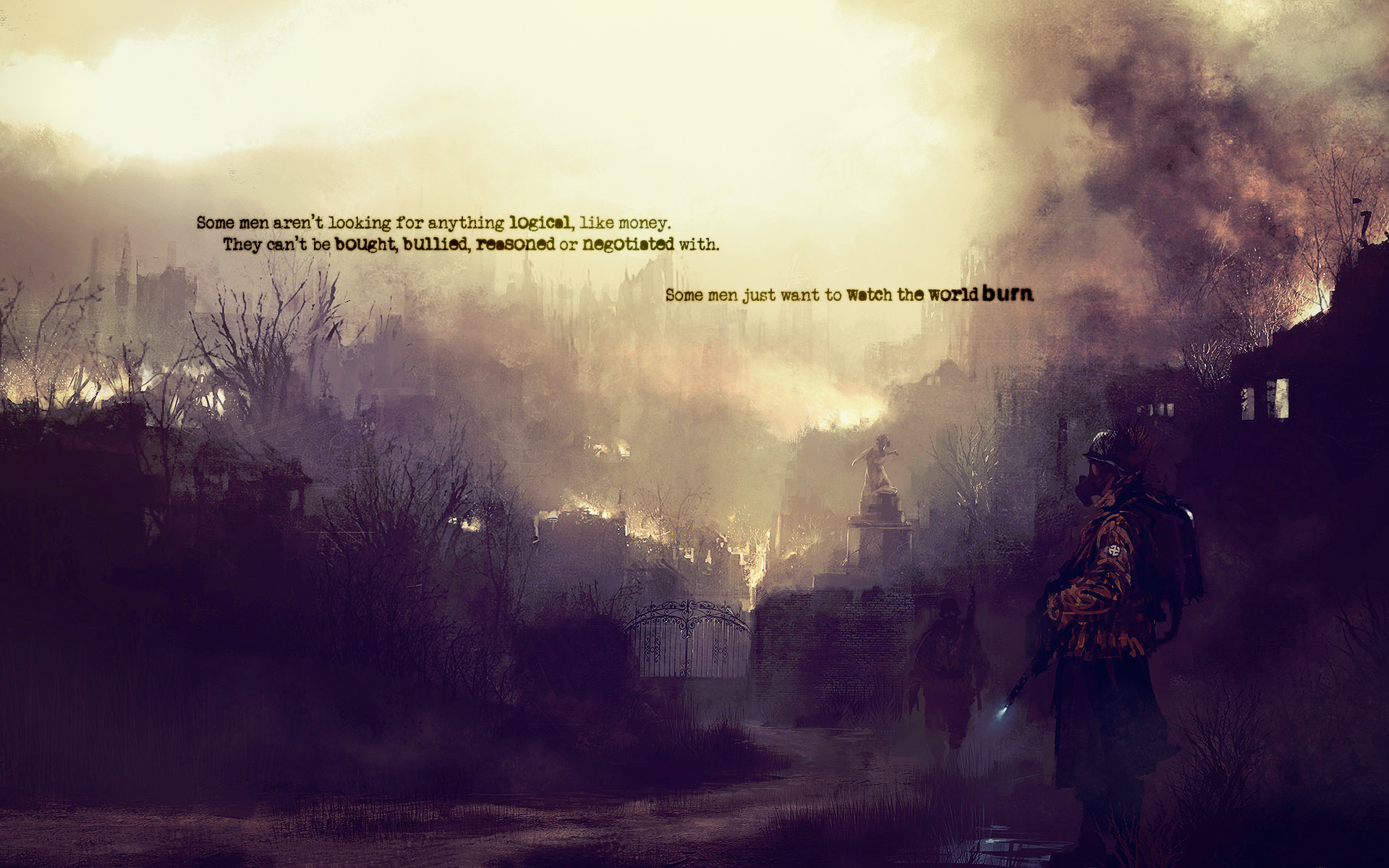 Apocalyptic scene with a soldier watching the world burn HD Wallpaper