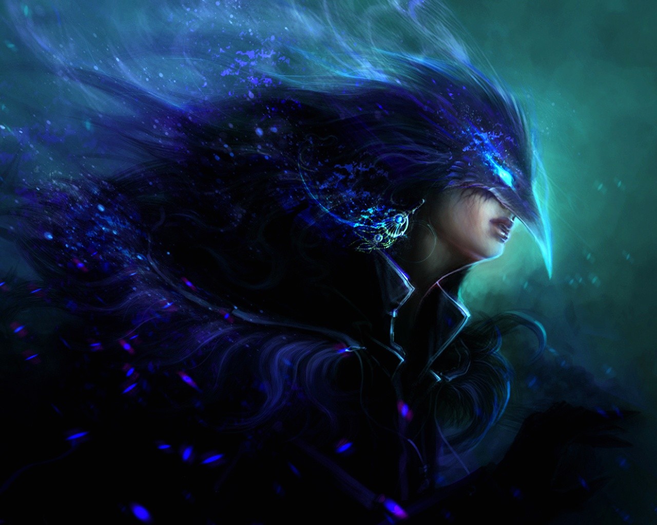 Woman with a raven-like mask and flowing hair HD Wallpaper