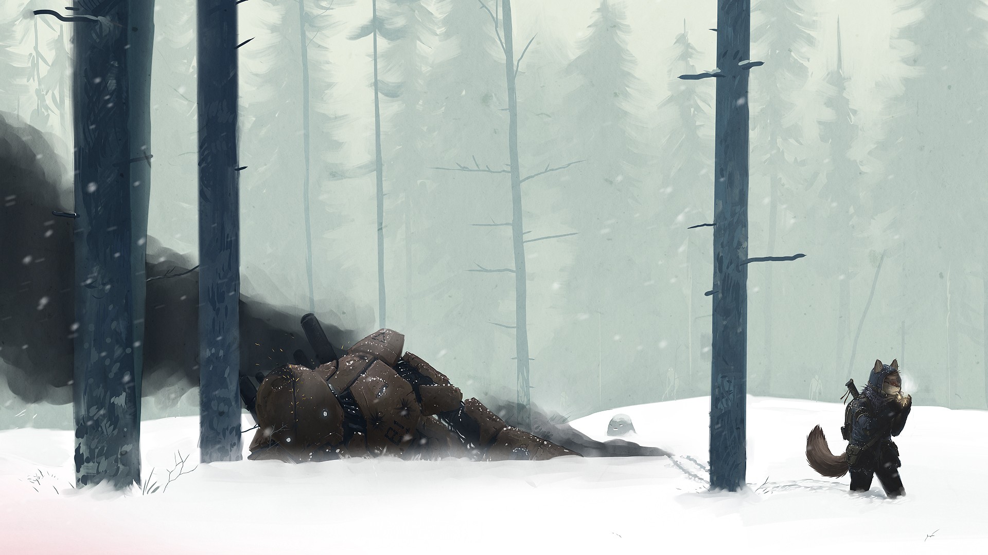 Anthro creature in a snowy forest with a smoking robot HD Wallpaper