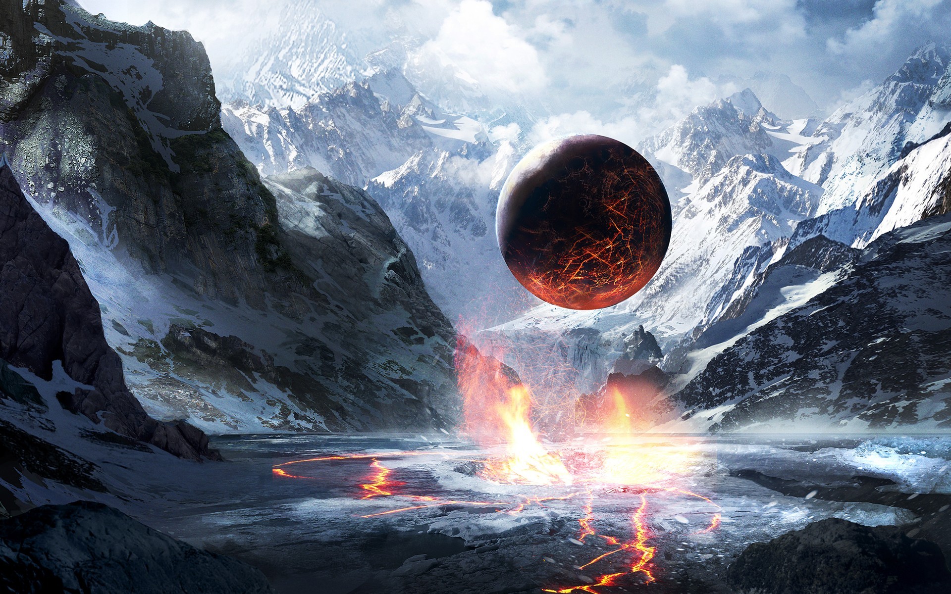 Planet over snowy mountains with lava HD Wallpaper
