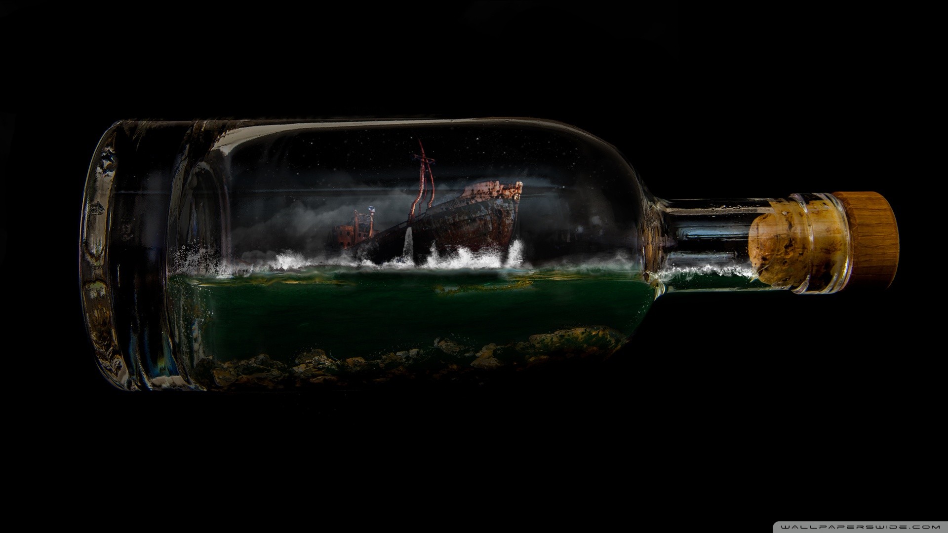 Ship in a bottle with stormy seas HD Wallpaper