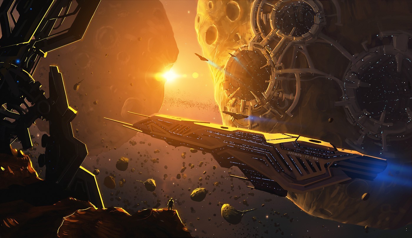 Spaceship near a large moon and space station HD Wallpaper
