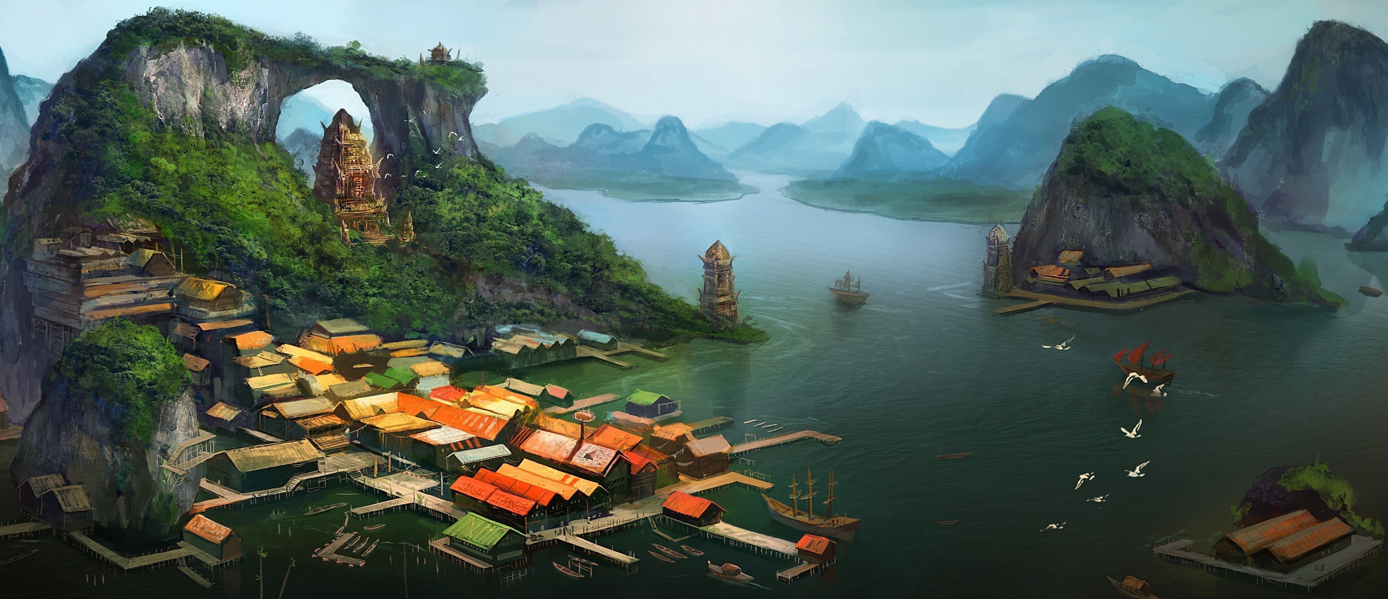 Fantasy island village with archway and temples HD Wallpaper