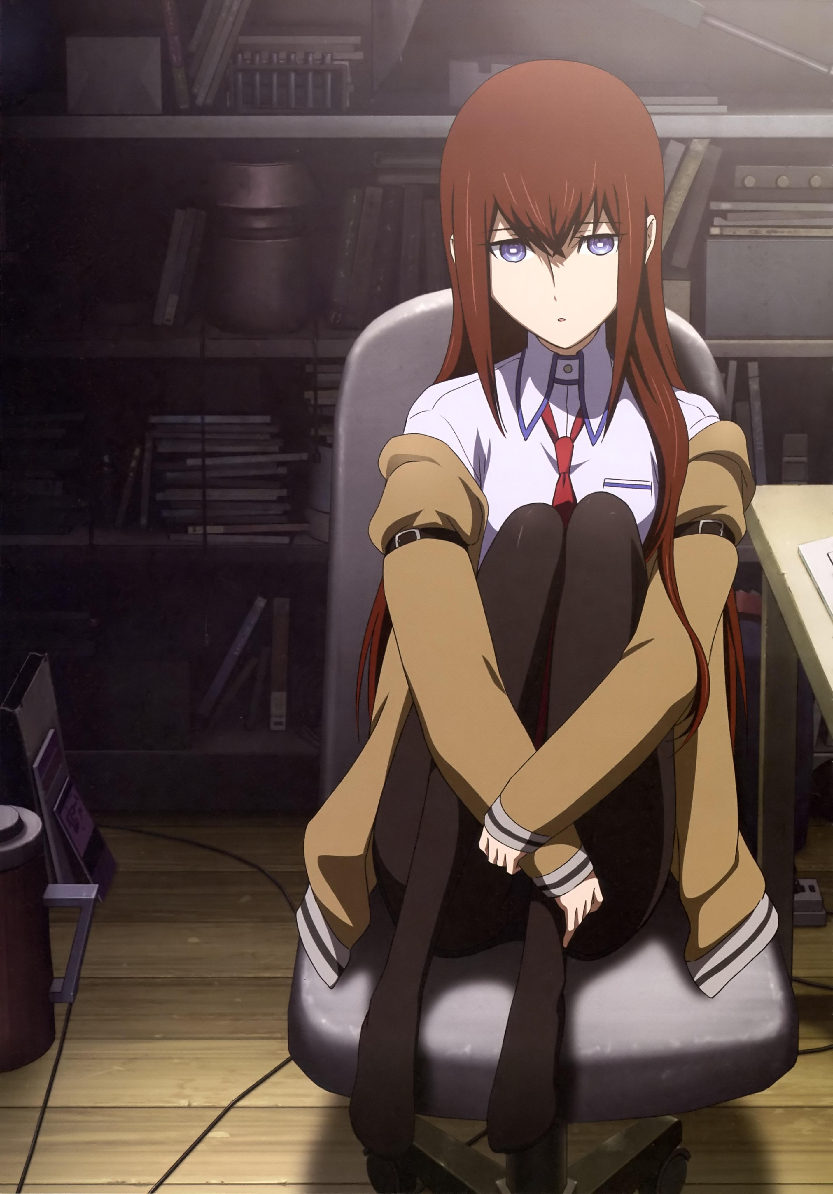 Makise Kurisu from Steins;Gate sitting in a chair HD Wallpaper